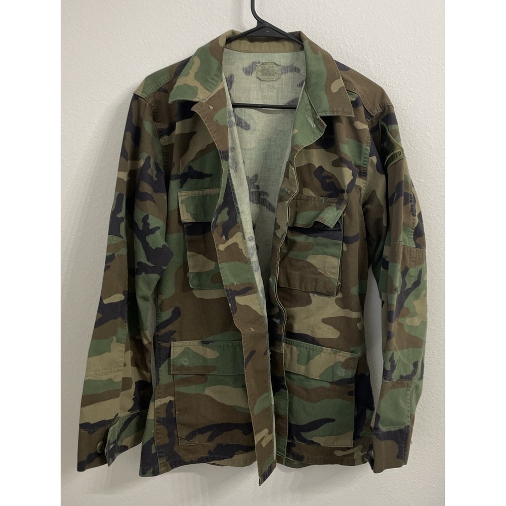 US Army Woodland Camo Combat Jacket Coat‎ Button Down M Missing Button's
